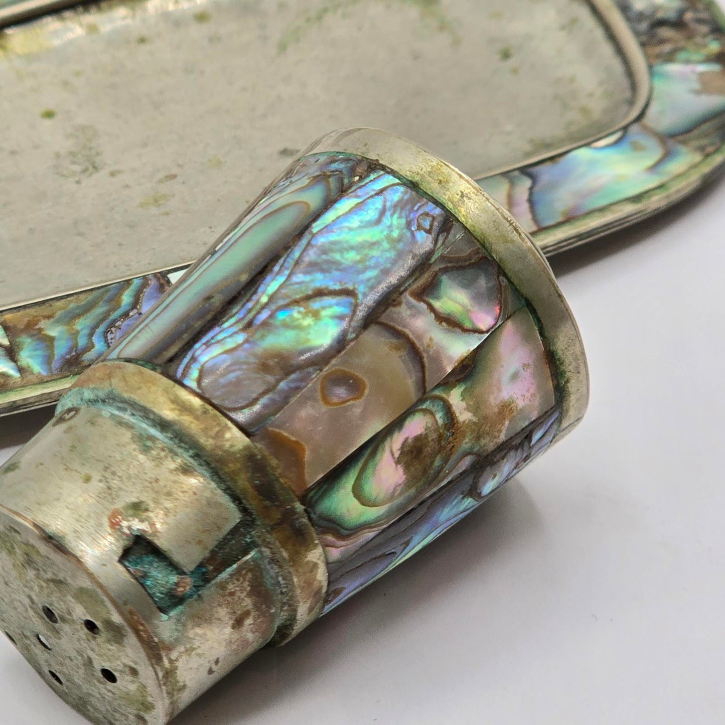 Mexican Alpaca Silver and Abalone Shell S&P Set with Tray