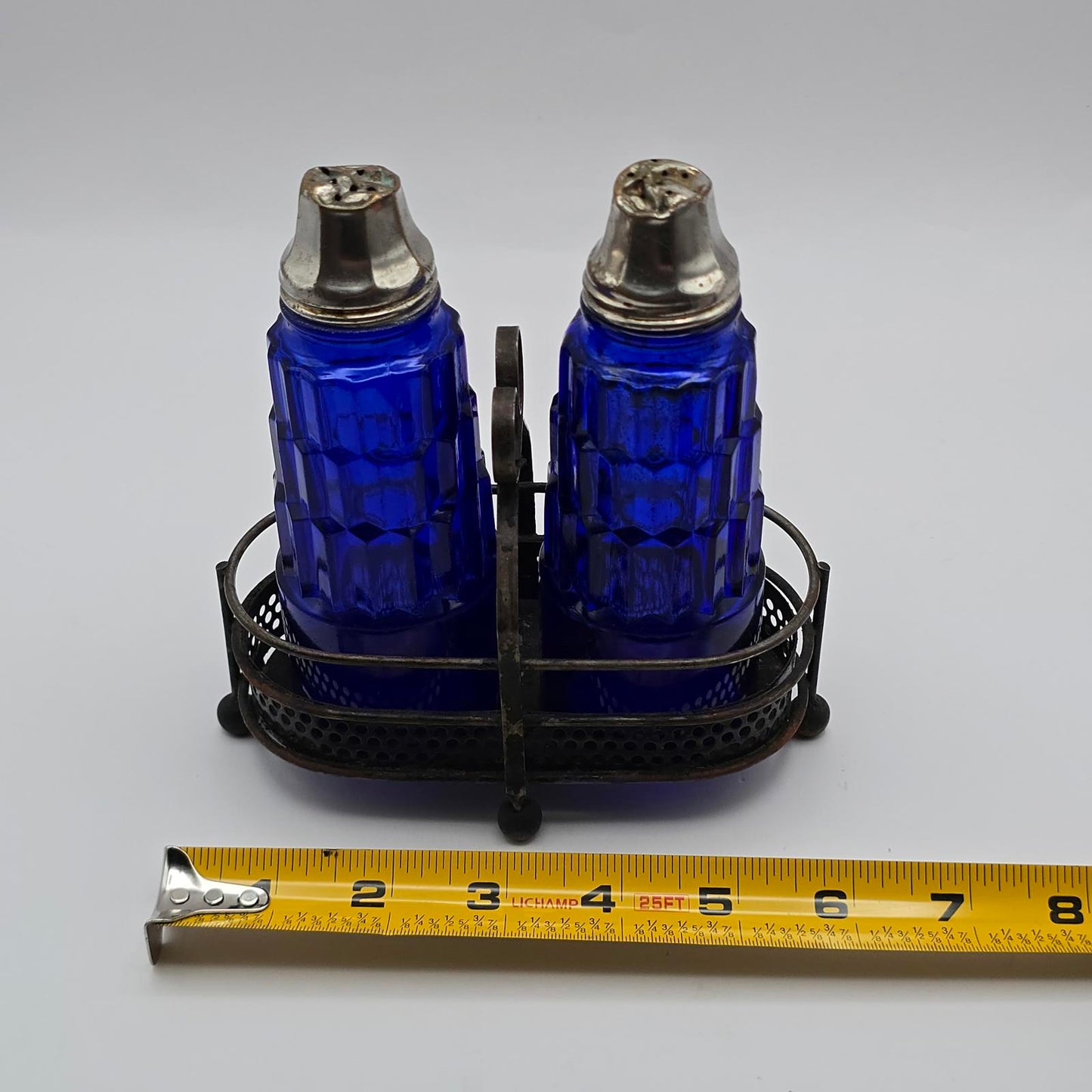 Vintage Hazel Atlas Cobalt Blue Glass Salt & Pepper Shakers with Holder