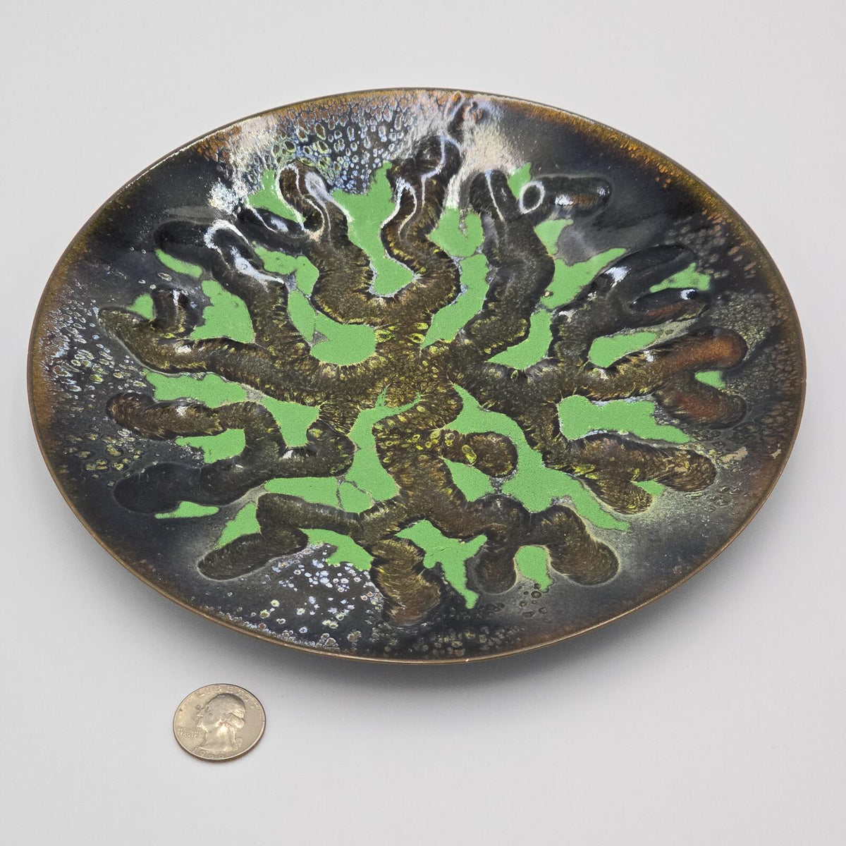Vintage MCM Enamel on Copper Bowl Green Black Abstract Art 8.75 Inch