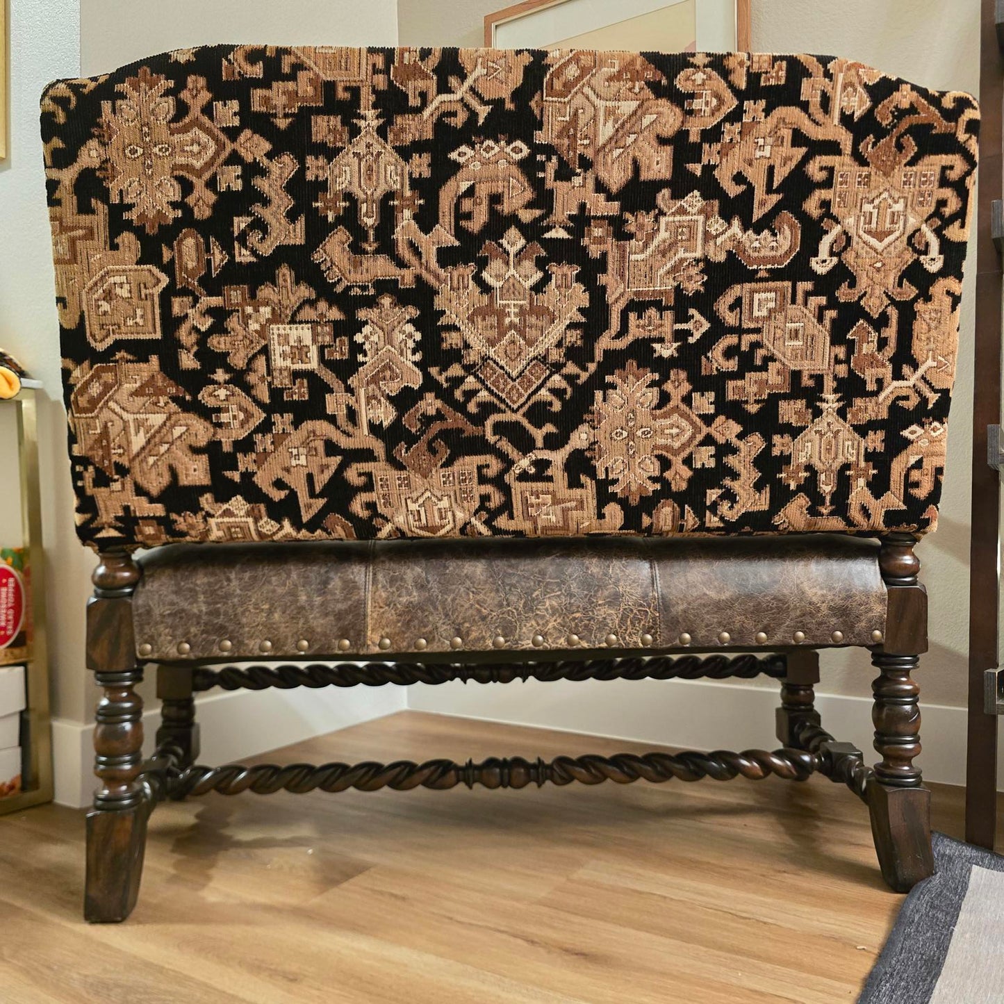 Custom Louis XIII Revival Loveseat/Bench w/ Distressed Leather