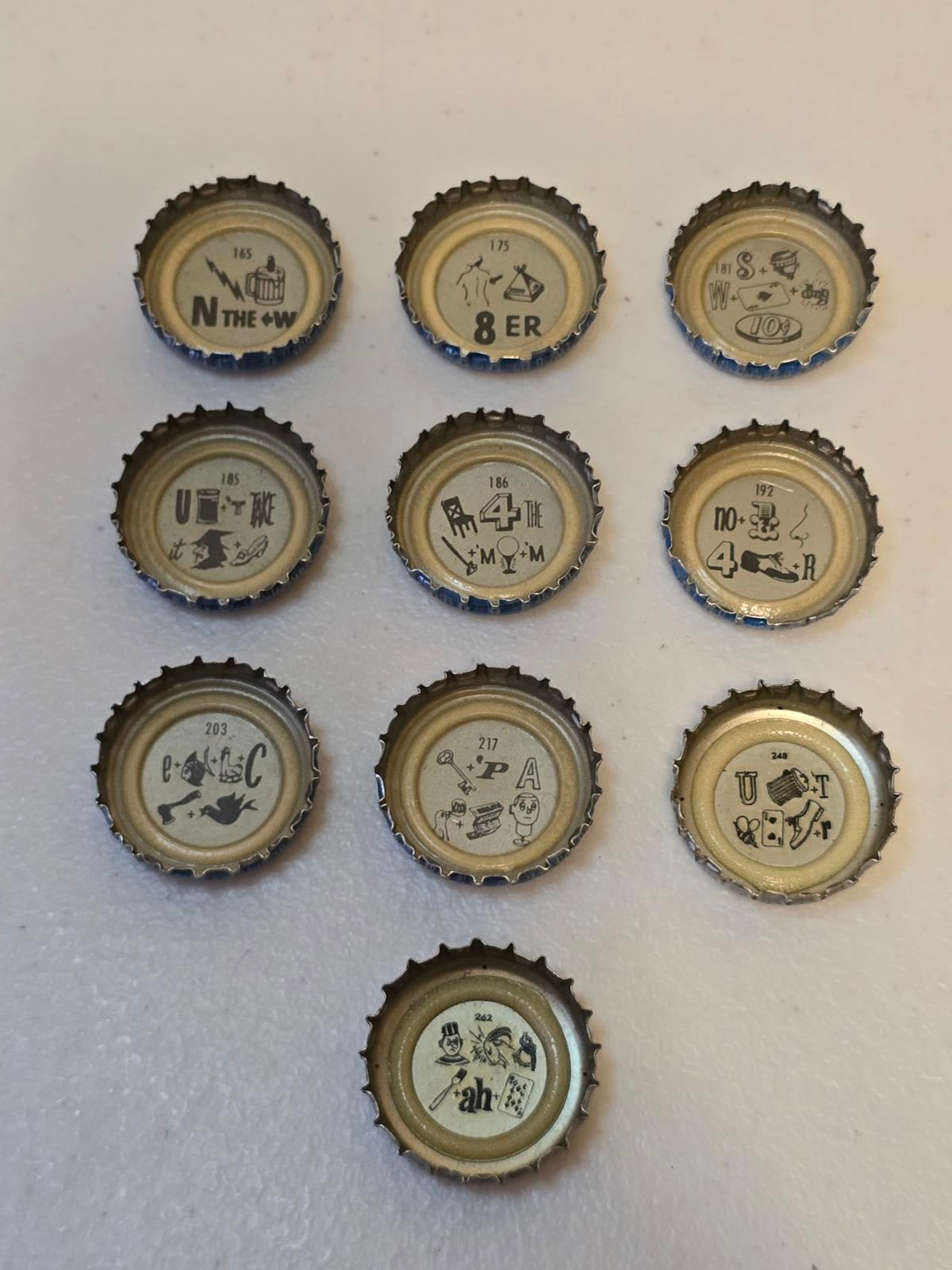 Set of 10 Lucky Lager Rebus/Puzzle Bottle Caps - Blue & Silver