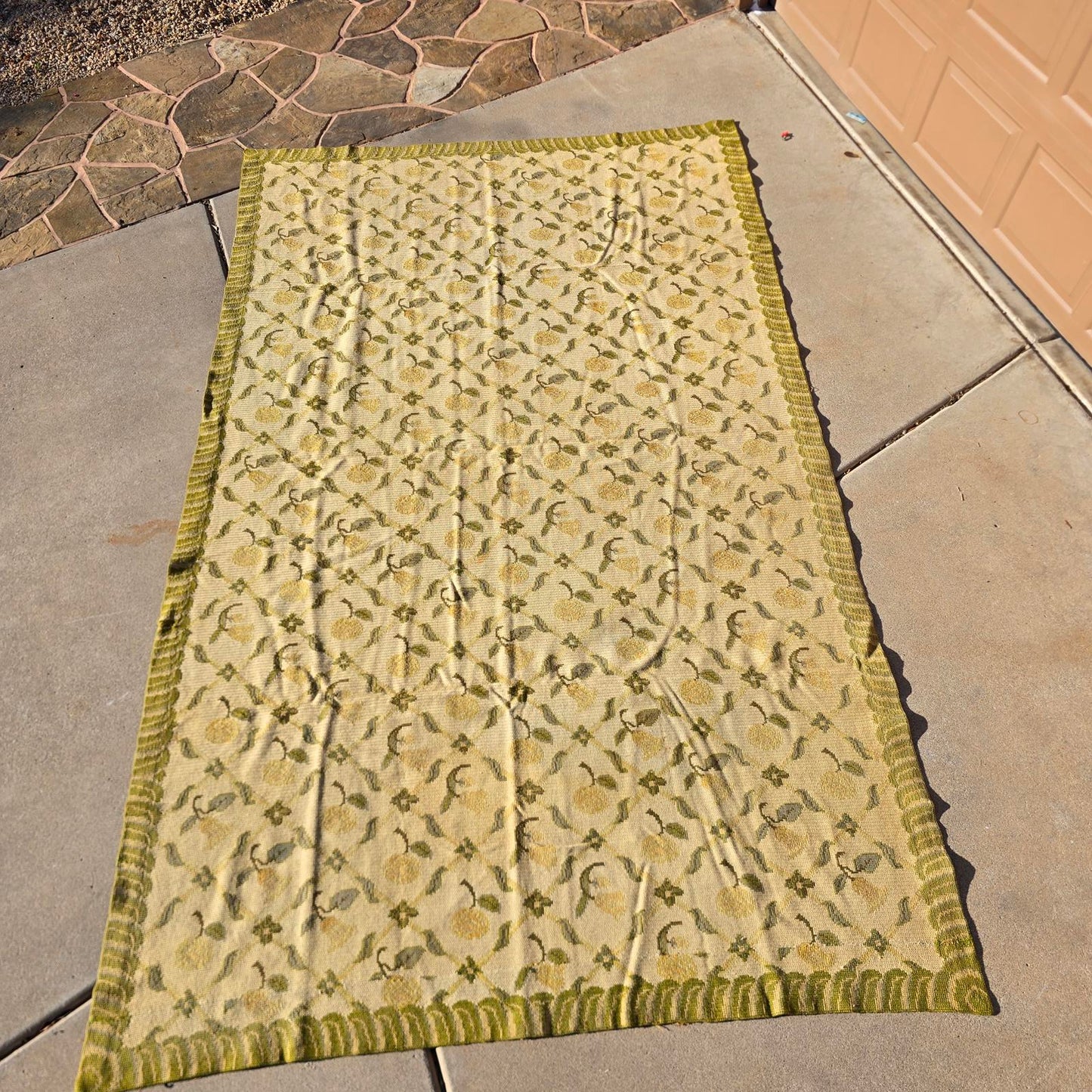 Vintage Hand-Knotted Wool Floral Needlepoint Rug -Green and Cream