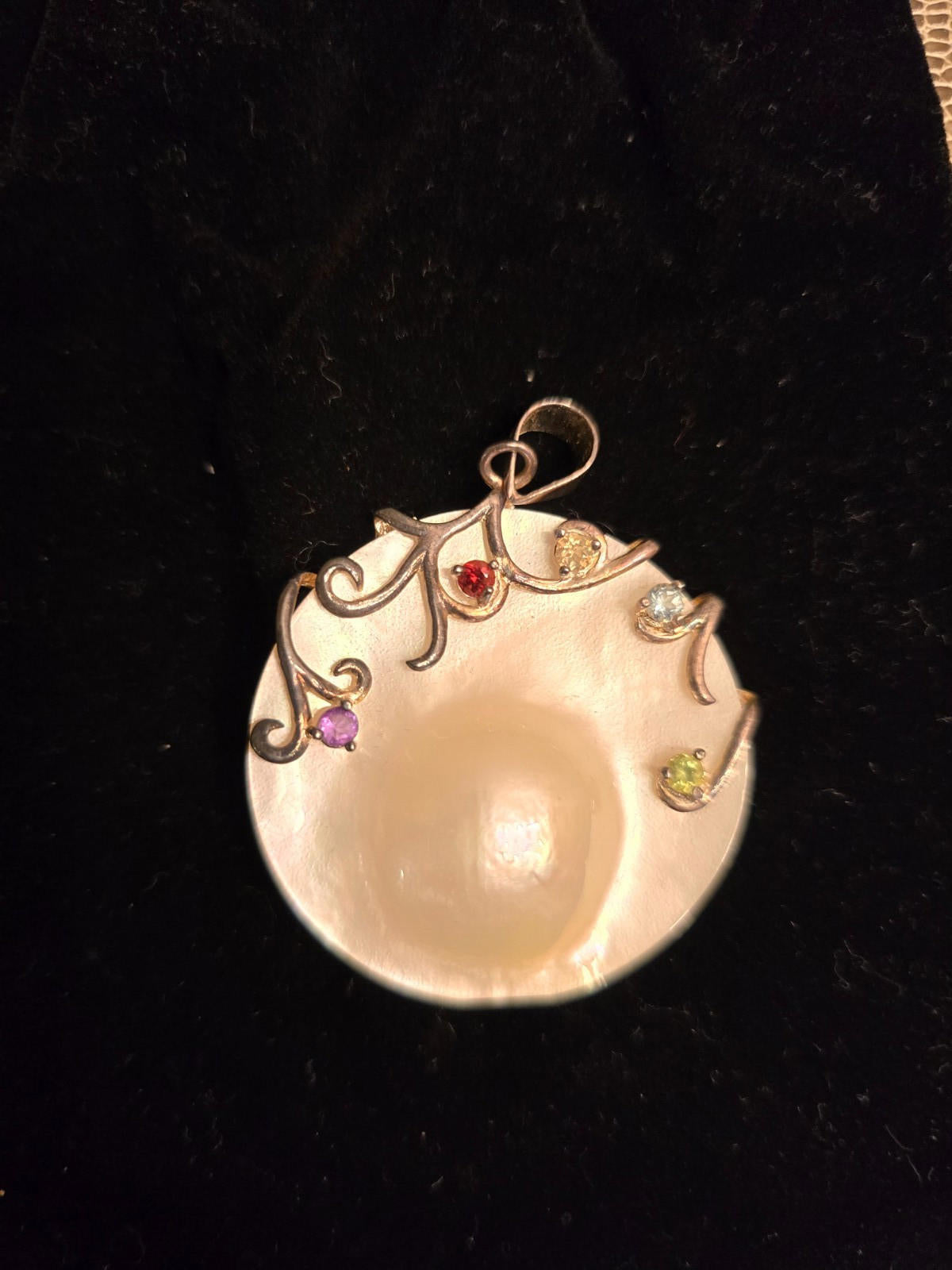 Large Mabe Pearl Pendant With Real Gemstones and Sterling Filigree