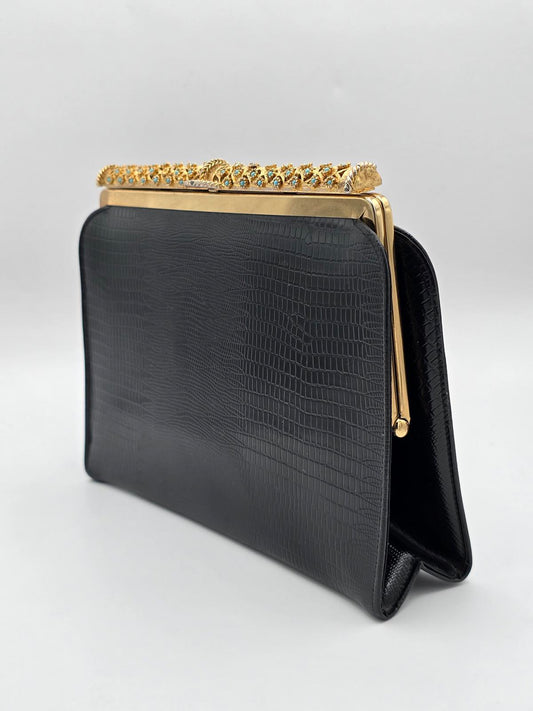 Vintage After Five Clutch with Ornate Decorative Gold Tone Bar Handle