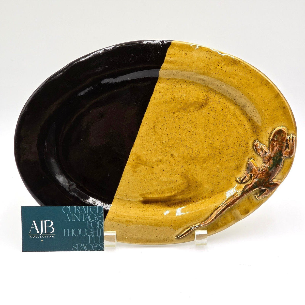 Signed Studio Art Pottery Lizard Gecko Oval Platter Tray 12in