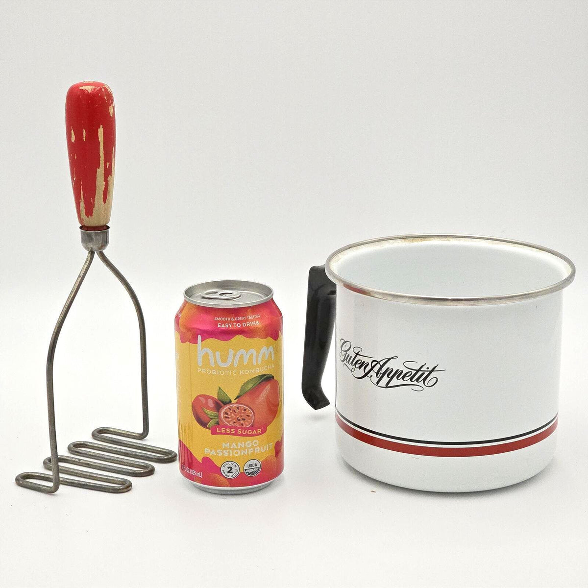Vintage Guten Appetit Enamel Pot & Red Handle Wire Potato Masher Set