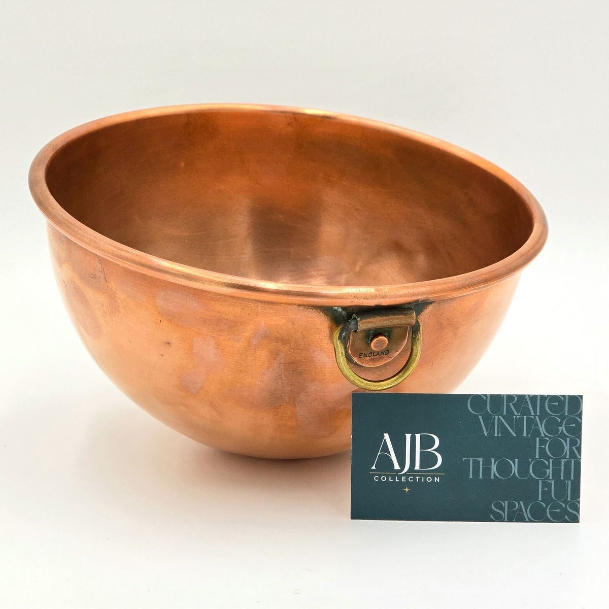 Vintage English Copper Mixing Beating Bowl Brass Ring Handle 8.75"