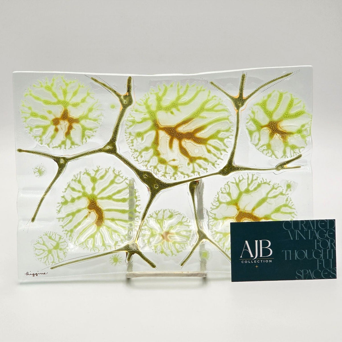 Vintage Higgins Fused Art Glass Tray Green Abstract MCM Signed 10" x 7"