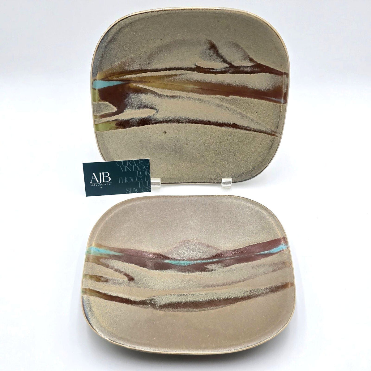 Pair Signed Studio Art Pottery Square Plates Abstract Glaze Modernist 9.6in