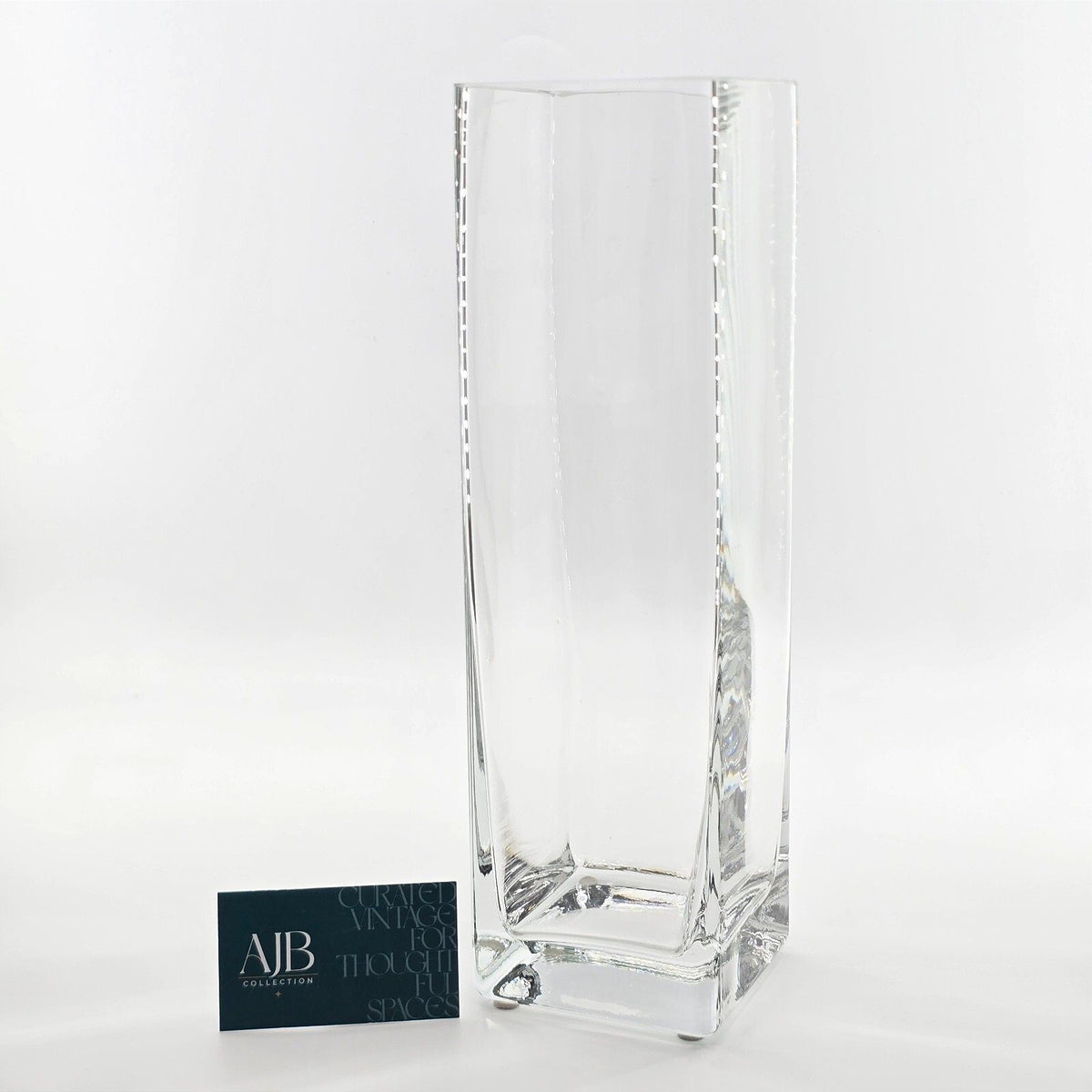 Tall Heavy Clear Glass Square Column Vase Modern Minimalist 13.5"
