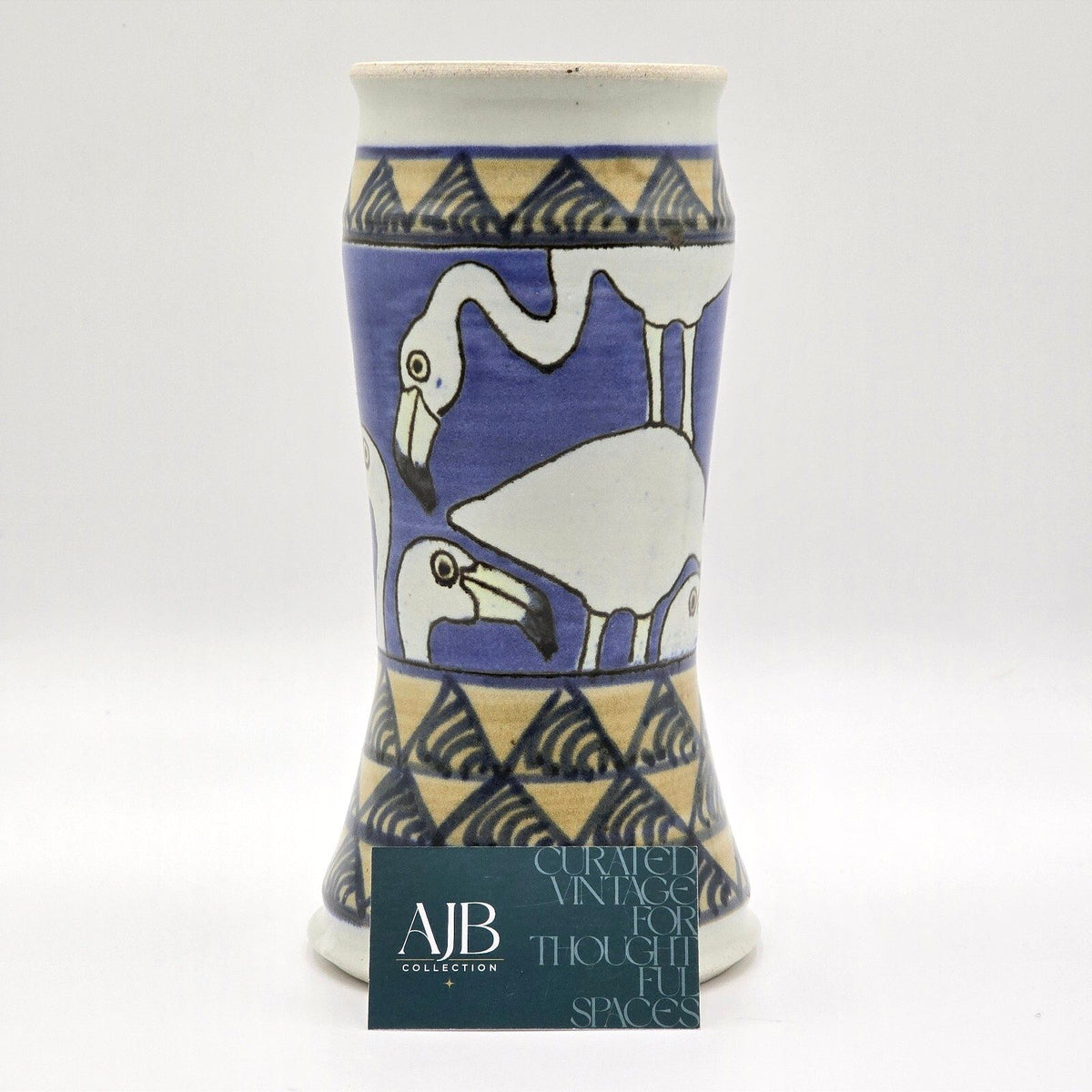 Signed Hage Studio Pottery Flamingo Vase 10 Inch Blue Geometric Art