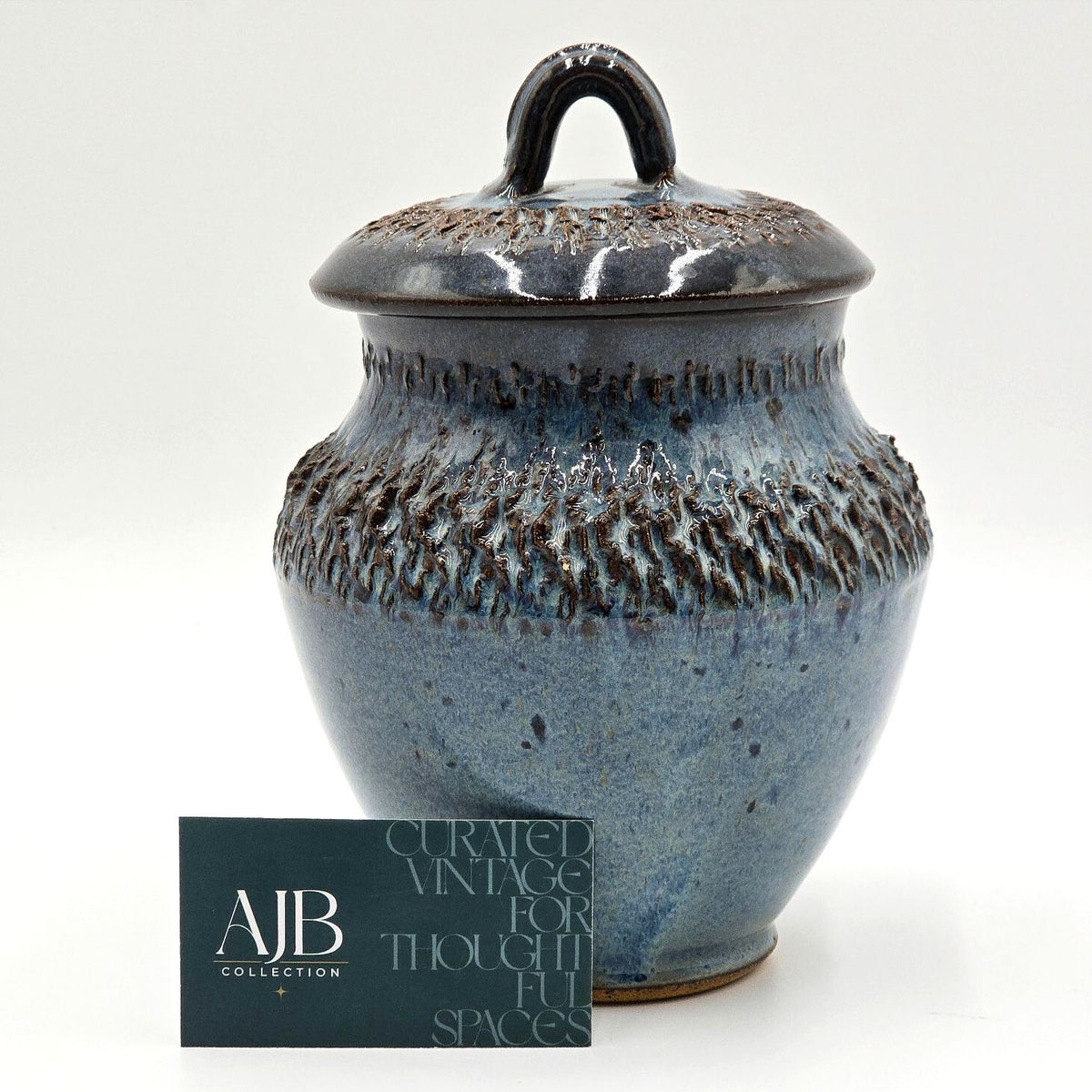 Vintage Blue Glazed Studio Pottery Lidded Jar Signed Judy P