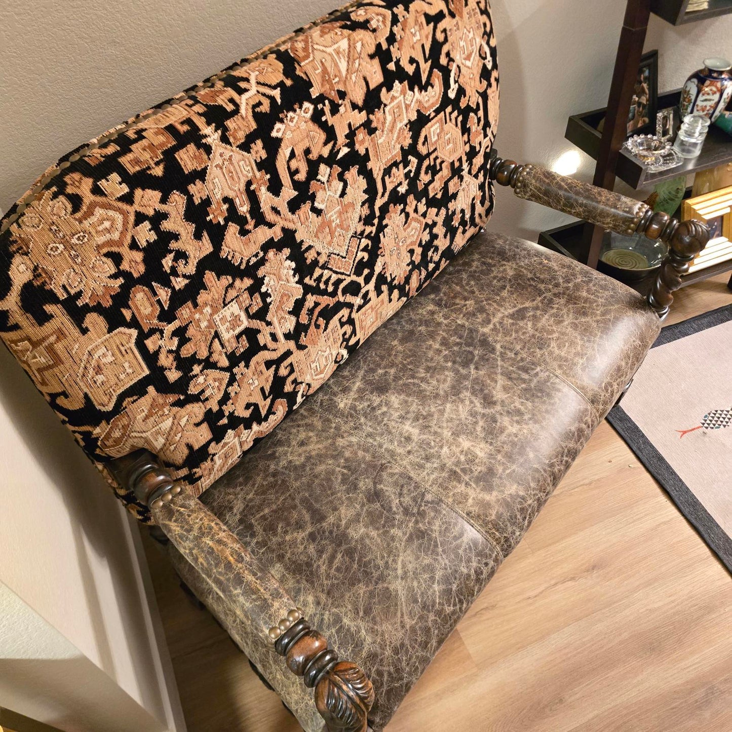 Custom Louis XIII Revival Loveseat/Bench w/ Distressed Leather