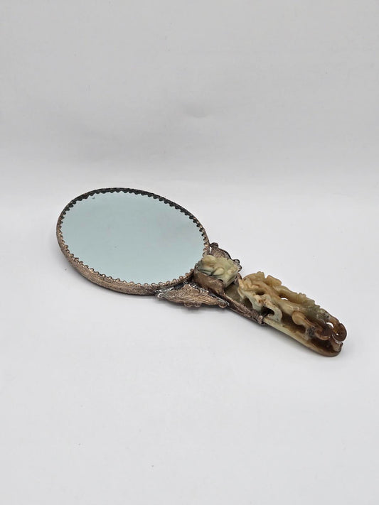 Antique Chinese Silver-plated Hand Mirror with Carved Jade Belt Hook Handle