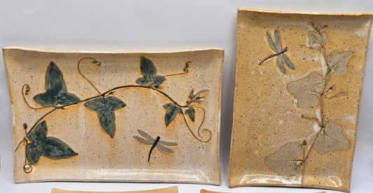 Handcrafted Studio Pottery Leaves and Dragonflies