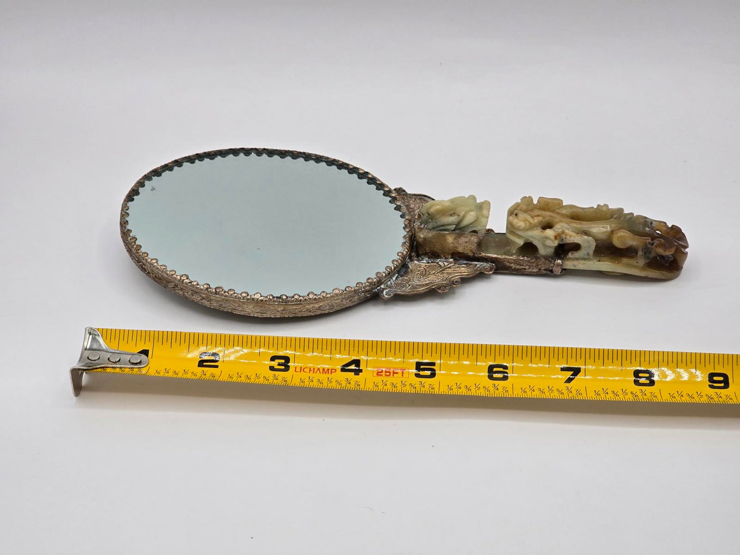 Antique Chinese Silver-plated Hand Mirror with Carved Jade Belt Hook Handle