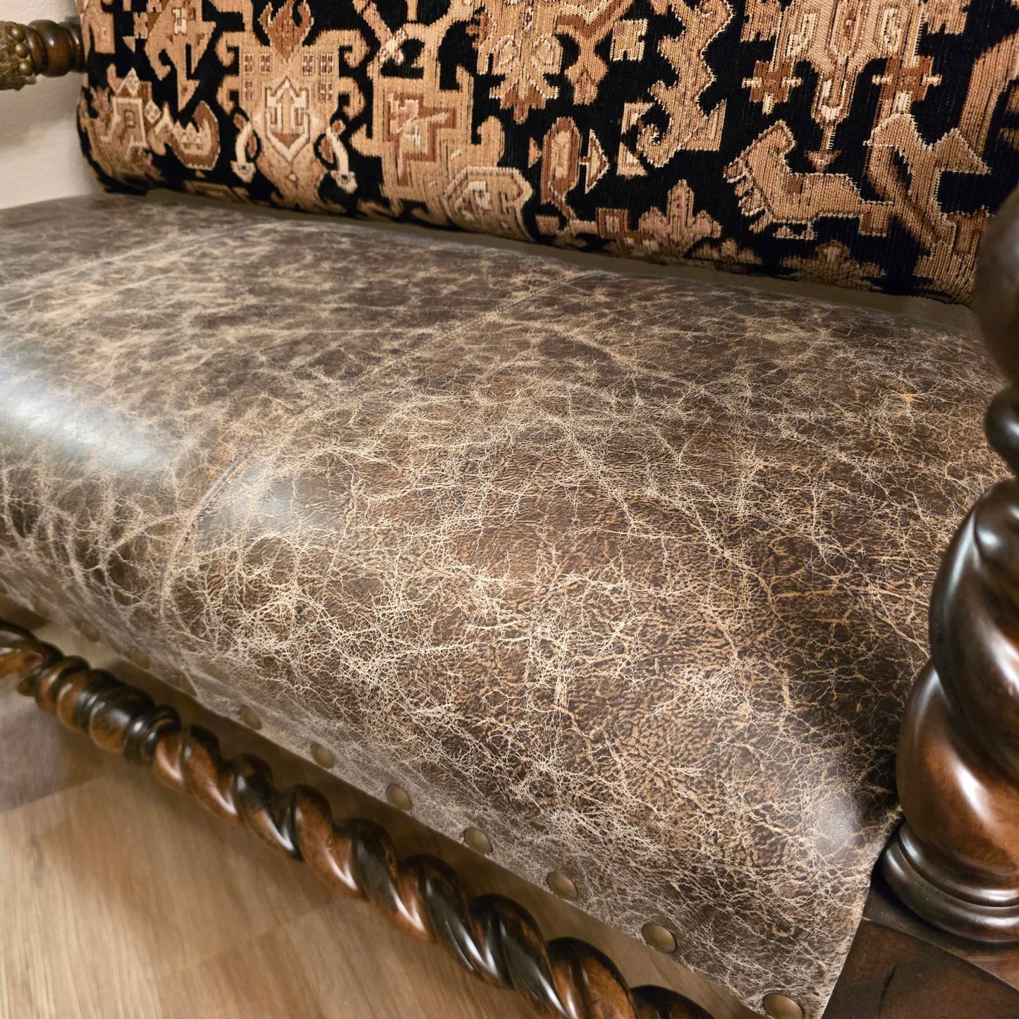 Custom Louis XIII Revival Loveseat/Bench w/ Distressed Leather