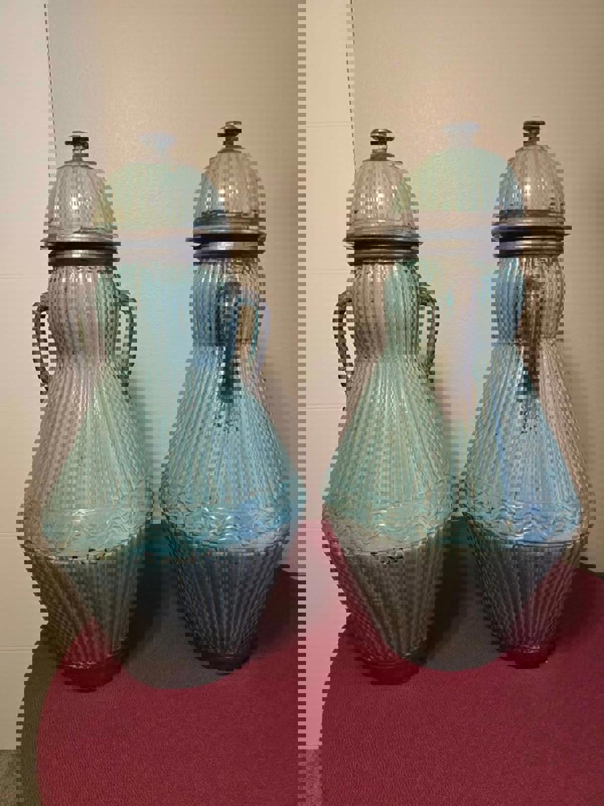 Vintage Pair of Monumental, Moroccan Floor Vases with Handles and Domed-Lids