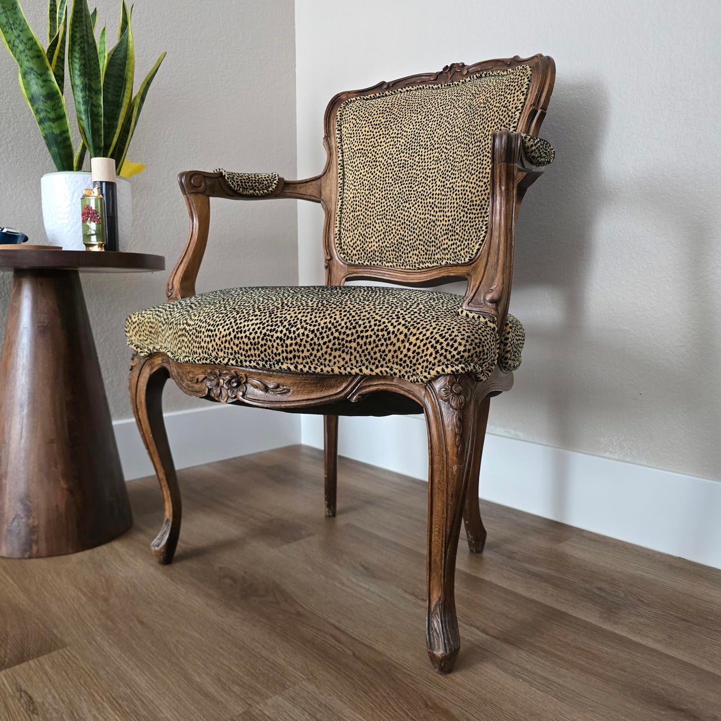 Antique French Louis XV Style Fauteuil Chair with Cheetah Print Upholstery