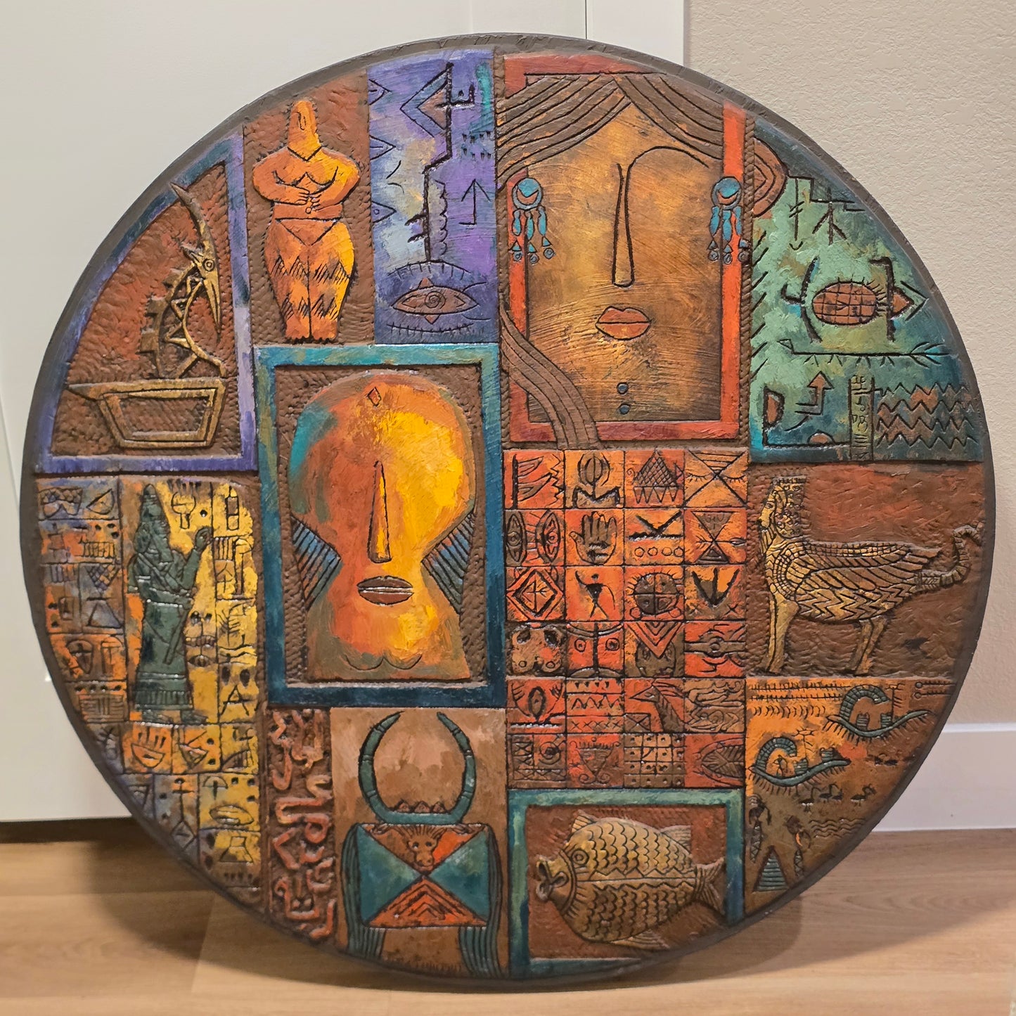 Artist Dr. Eyad Al Masri, Painting Over Carved Wood, Untitled