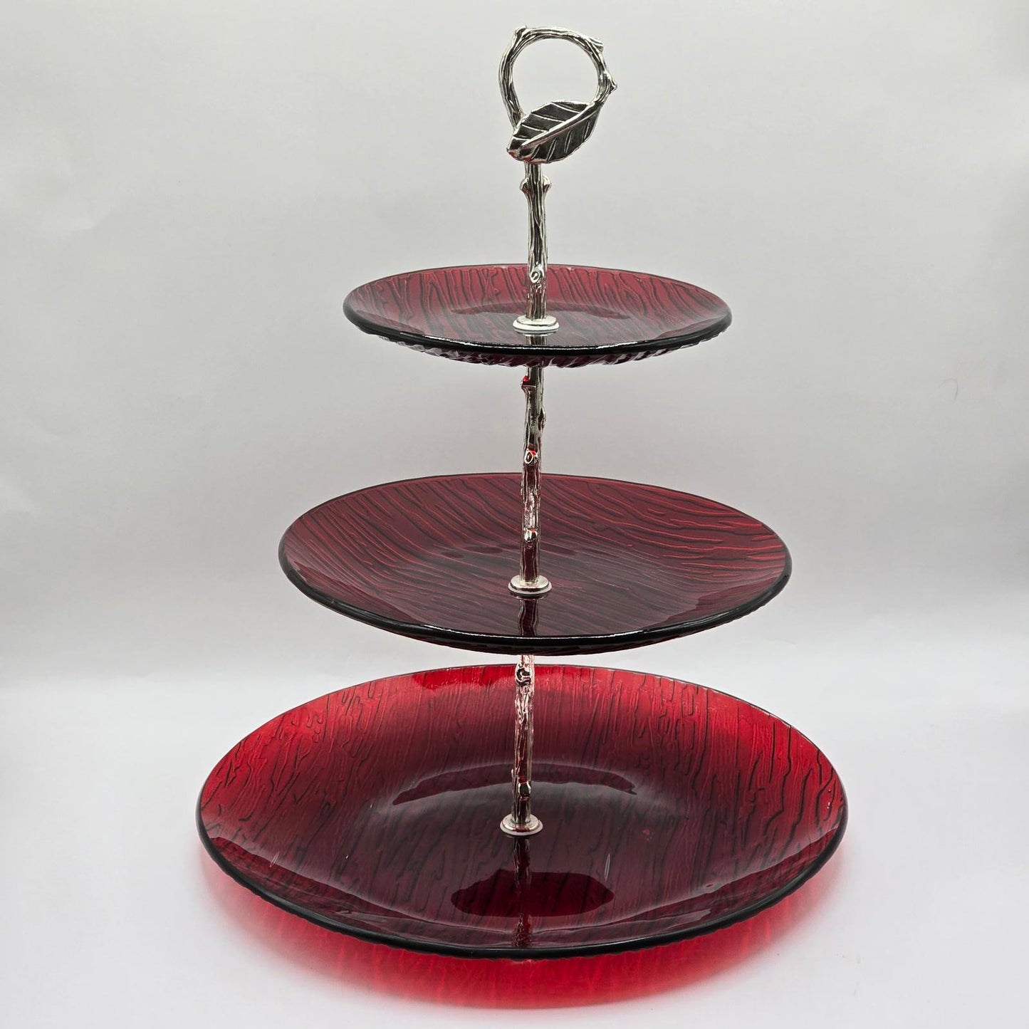 Cranberry-Red Triple Tier Glass Serving Stand