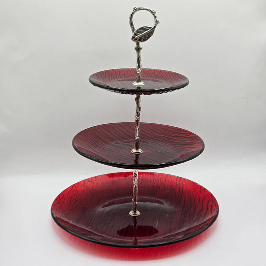 Cranberry-Red Triple Tier Glass Serving Stand