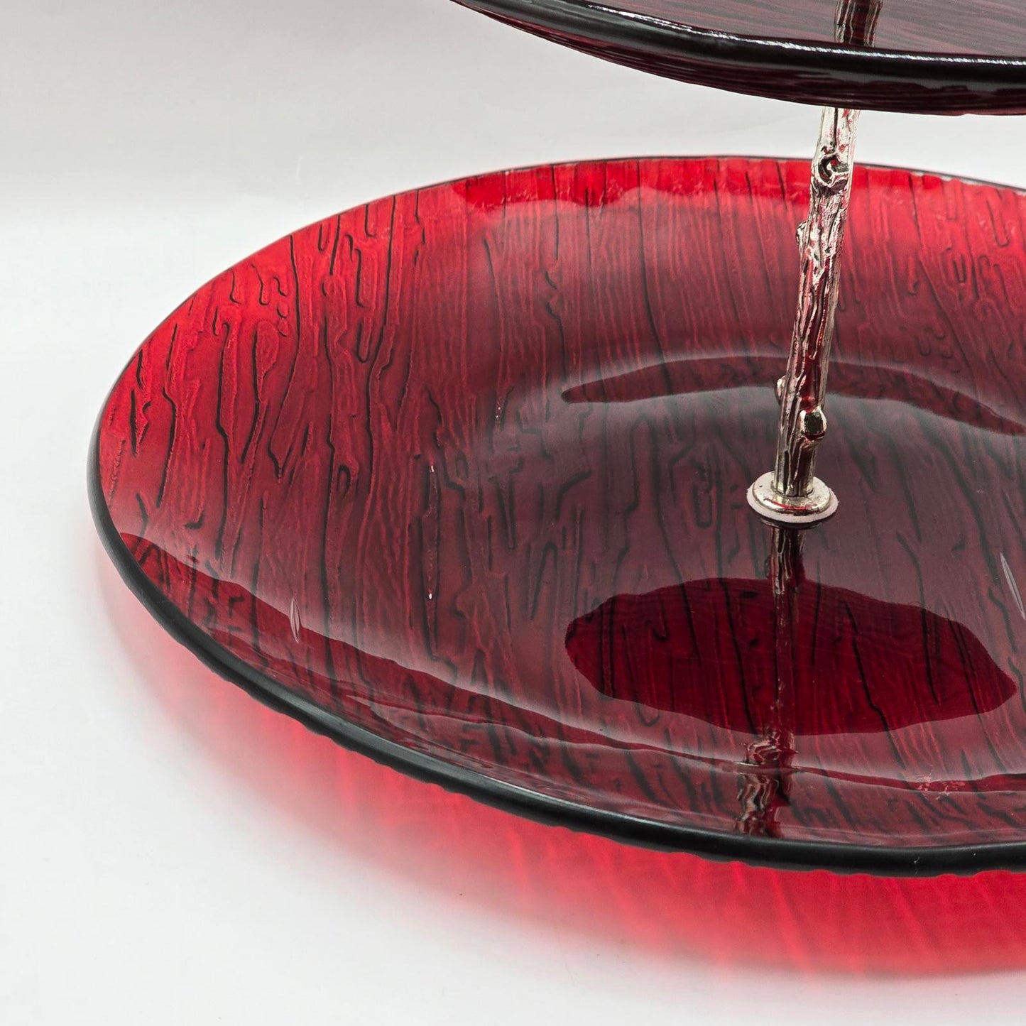 Cranberry-Red Triple Tier Glass Serving Stand