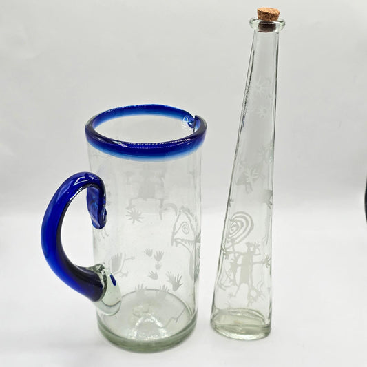 Handcrafted Mexican Etched Glass Pitcher Set