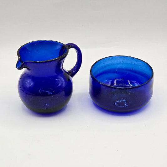 Vintage Mexican Cobalt Blue Glass Cream and Sugar Bowl Set
