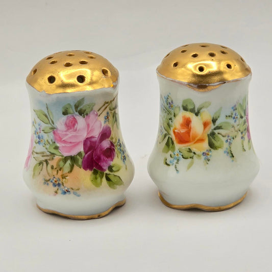 Vintage Bavarian Floral Salt & Pepper Shakers - Round with Gold Tops
