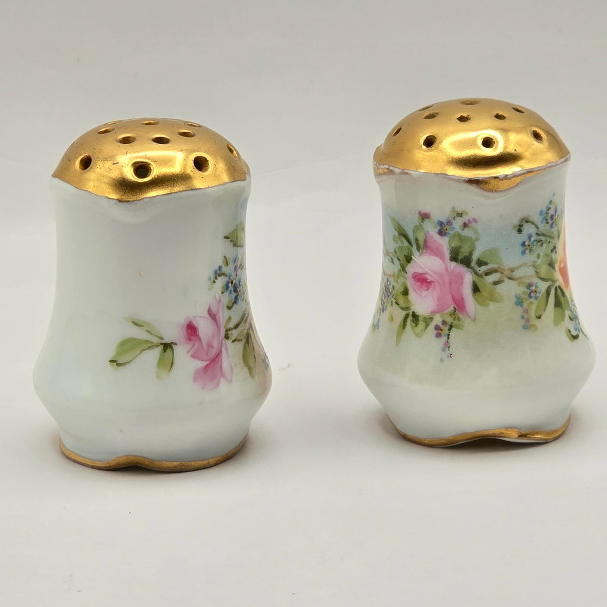 Vintage Bavarian Floral Salt & Pepper Shakers - Round with Gold Tops