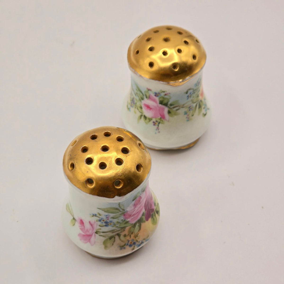 Vintage Bavarian Floral Salt & Pepper Shakers - Round with Gold Tops