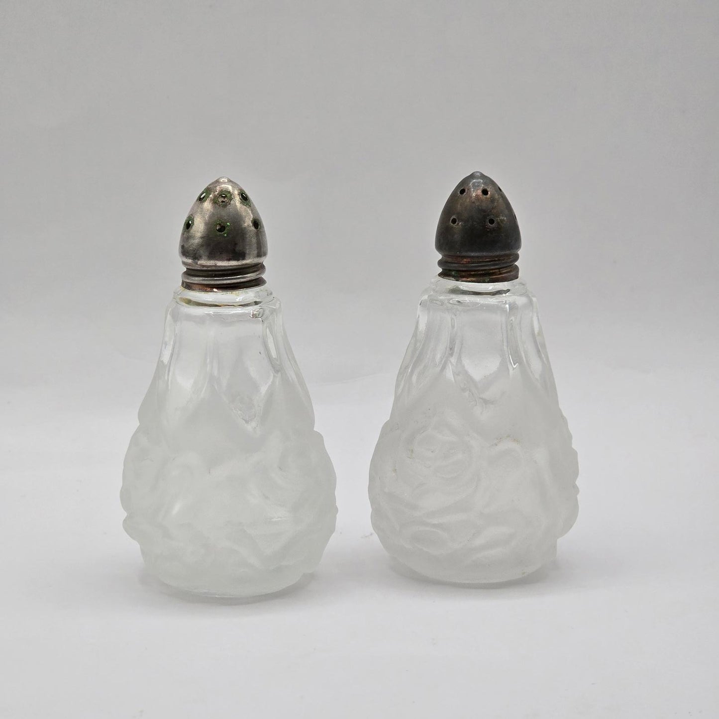Vintage Frosted Rose Design Glass Salt & Pepper Shakers
