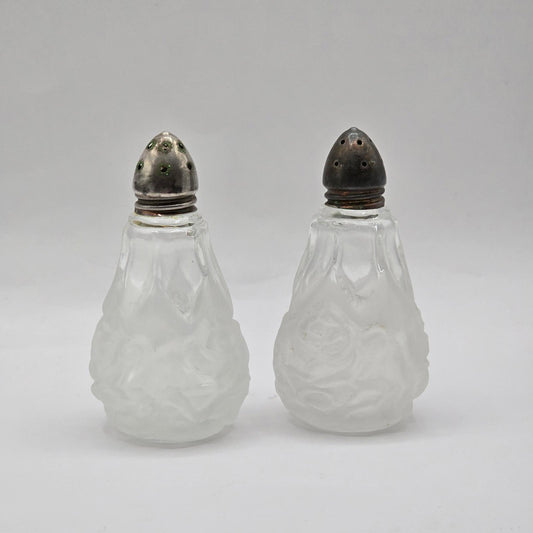 Vintage Frosted Rose Design Glass Salt & Pepper Shakers