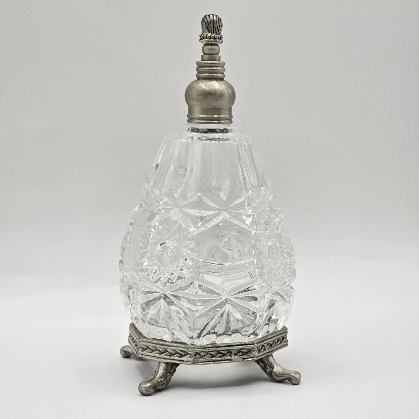 Vintage Cut Glass Perfume Bottle with Metal Filigree Trim and Stand