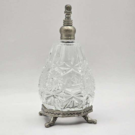 Vintage Cut Glass Perfume Bottle with Metal Filigree Trim and Stand