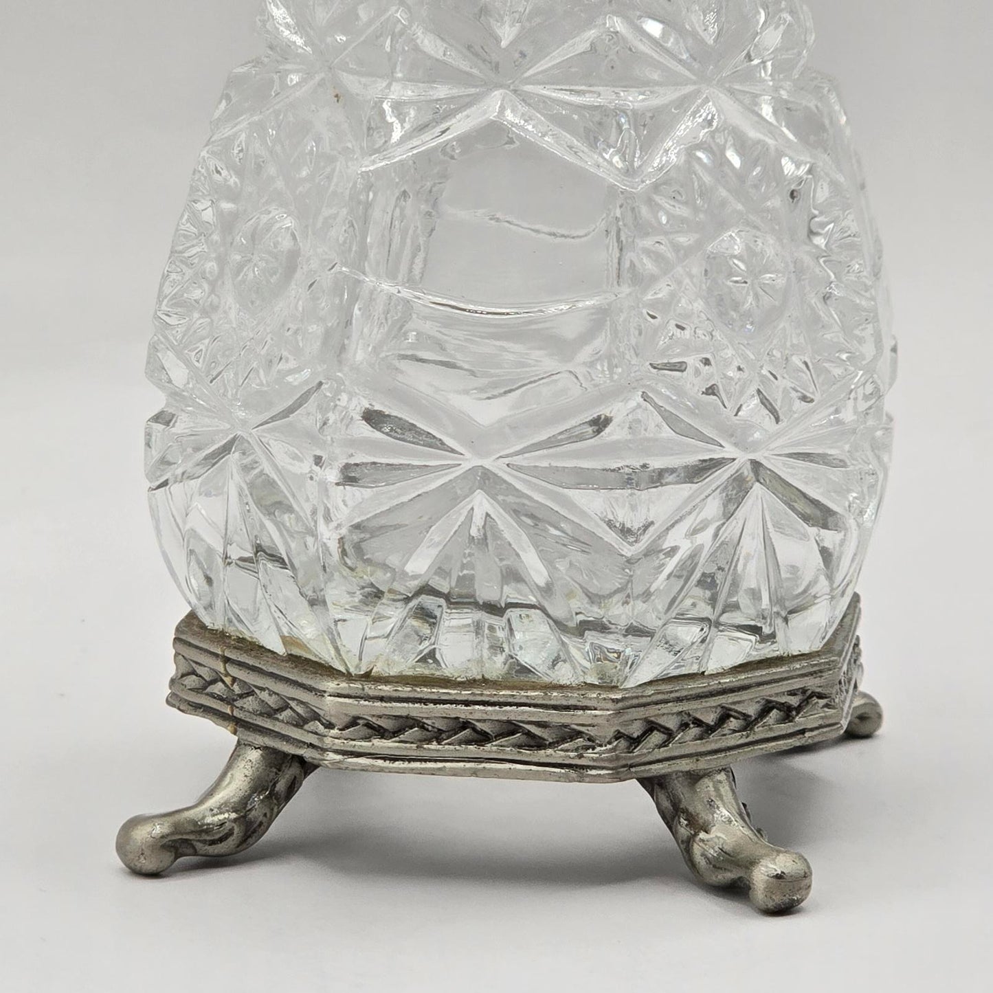 Vintage Cut Glass Perfume Bottle with Metal Filigree Trim and Stand