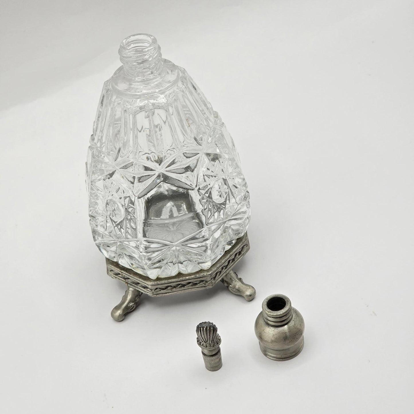 Vintage Cut Glass Perfume Bottle with Metal Filigree Trim and Stand