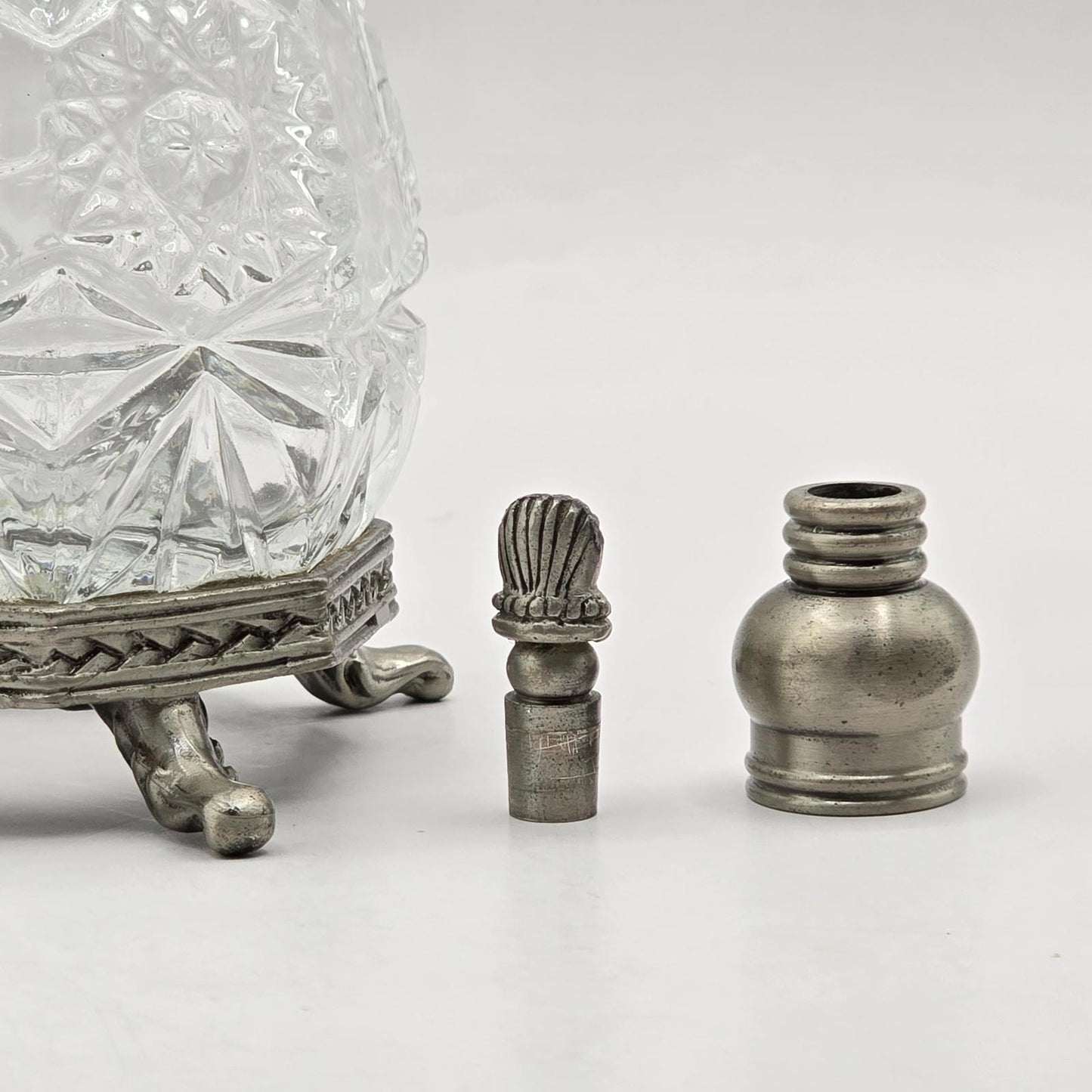 Vintage Cut Glass Perfume Bottle with Metal Filigree Trim and Stand