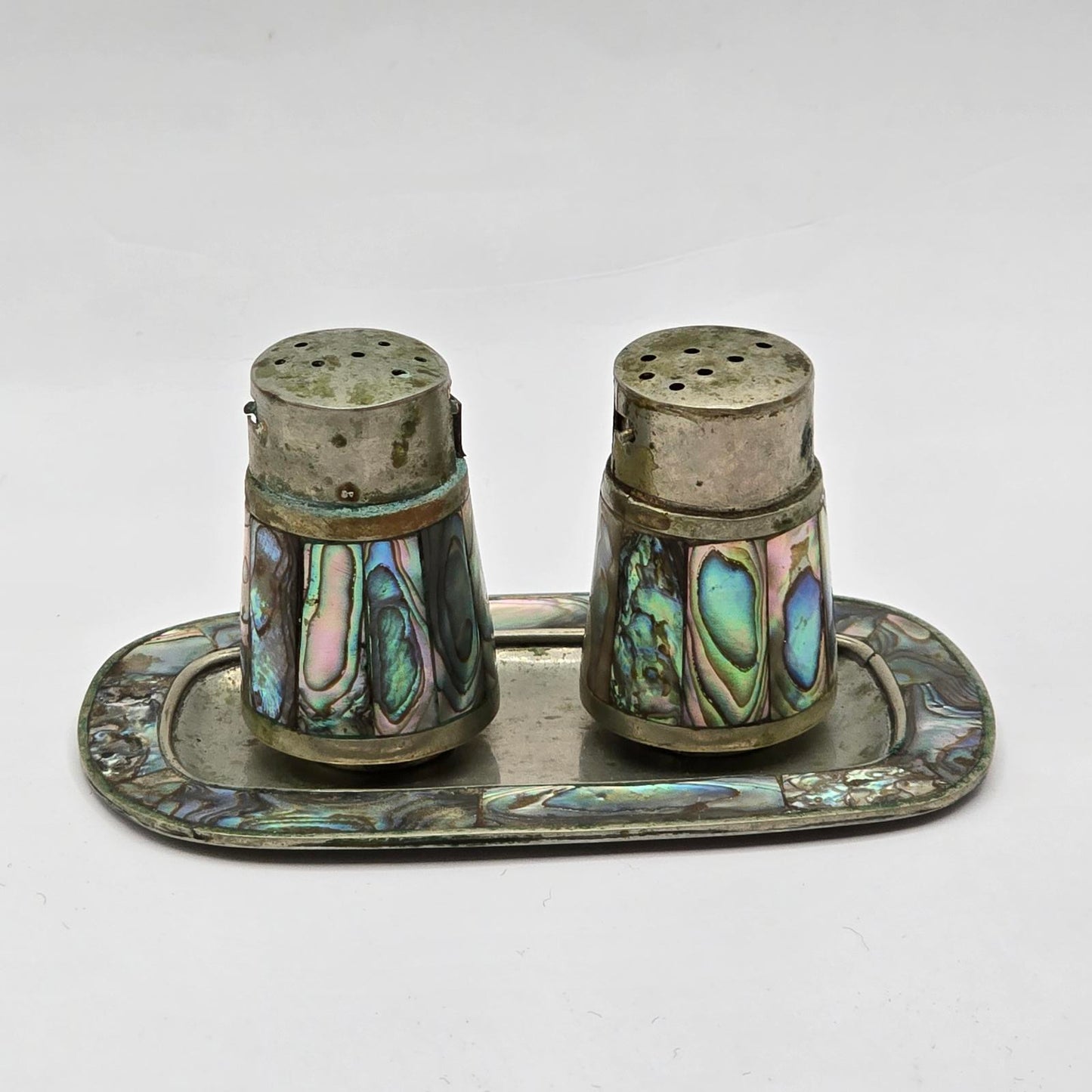Mexican Alpaca Silver and  Abalone Shell S&P Set with Tray
