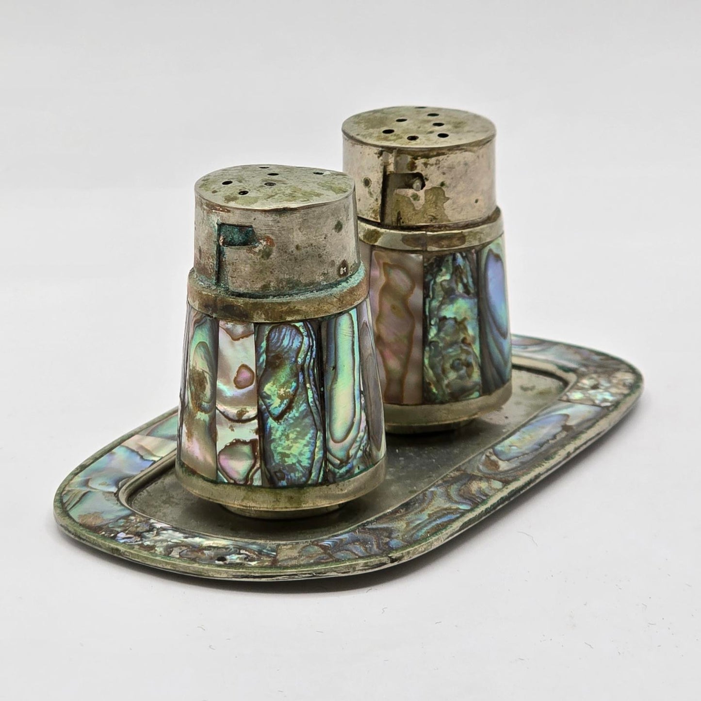 Mexican Alpaca Silver and  Abalone Shell S&P Set with Tray