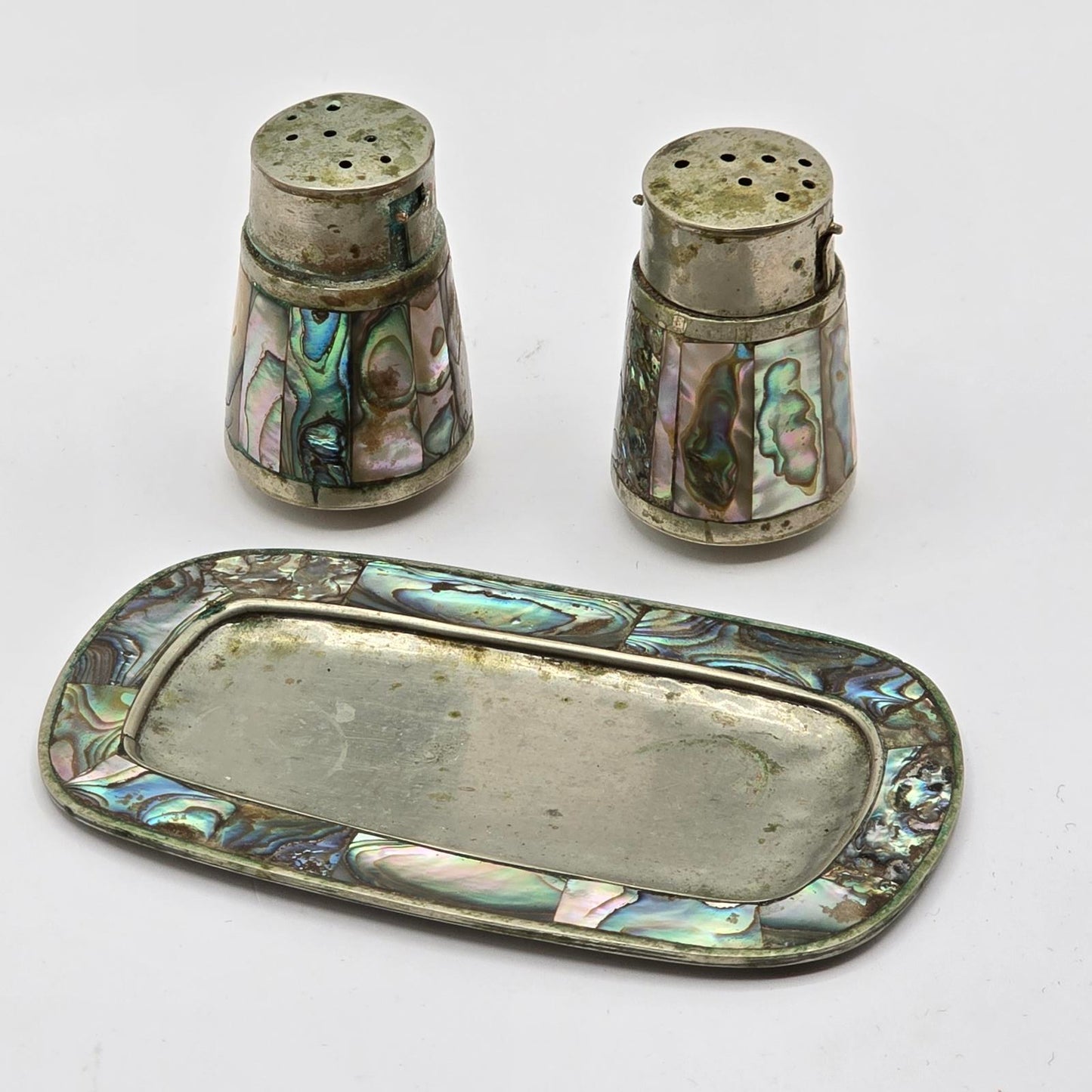 Mexican Alpaca Silver and  Abalone Shell S&P Set with Tray