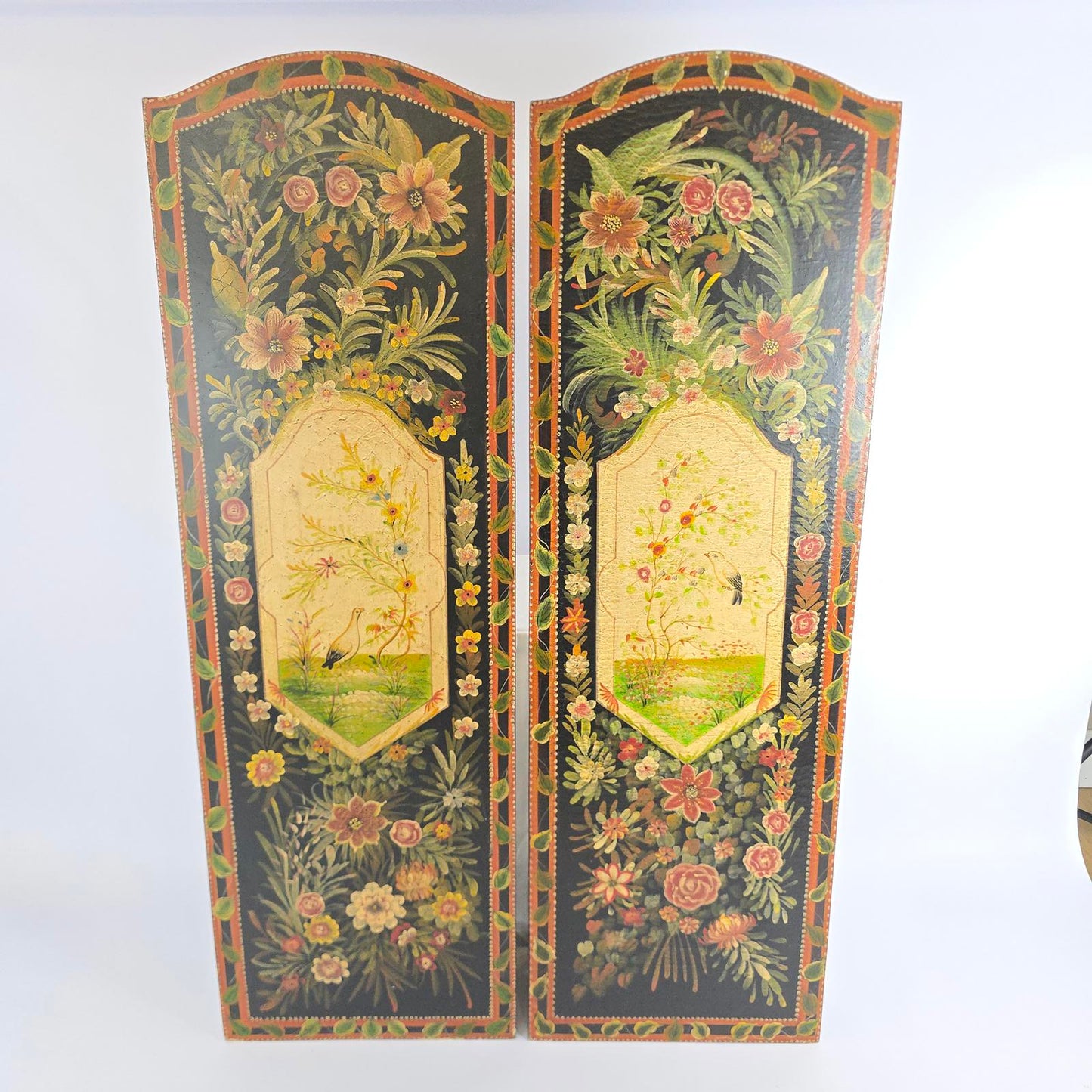 Japanese Shibayama Style Hand-Painted Panel Screens