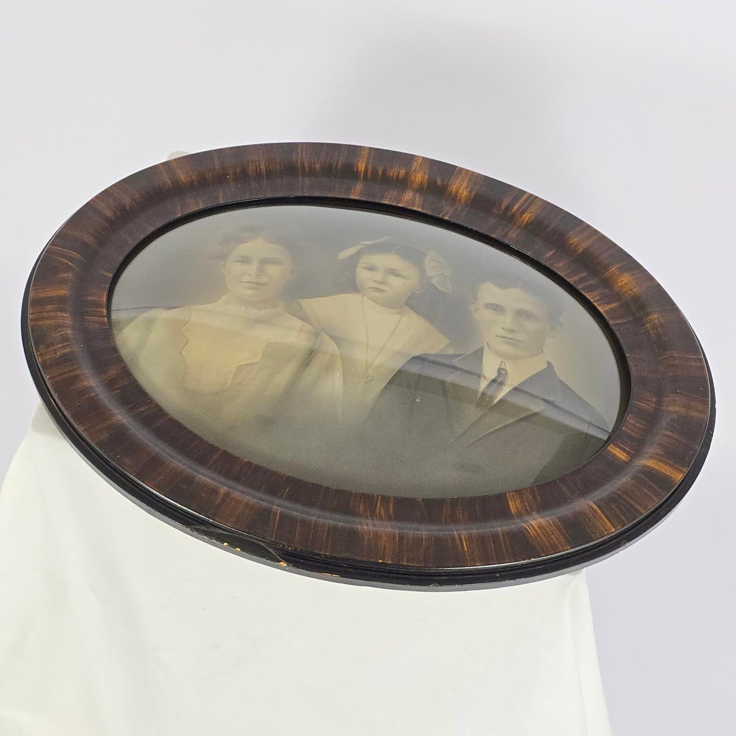 Rare Find, Antique Tiger Wood Frame with Bubble Glass