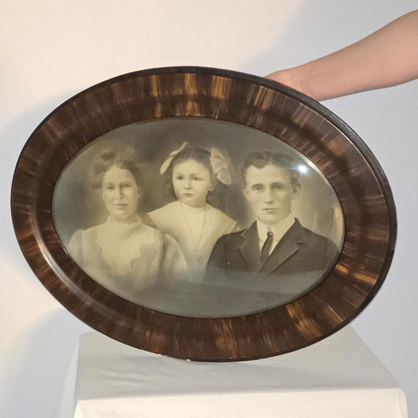 Rare Find, Antique Tiger Wood Frame with Bubble Glass