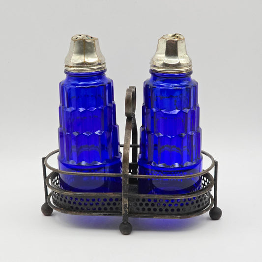 Vintage Hazel Atlas Cobalt Blue Glass Salt & Pepper Shakers with Holder