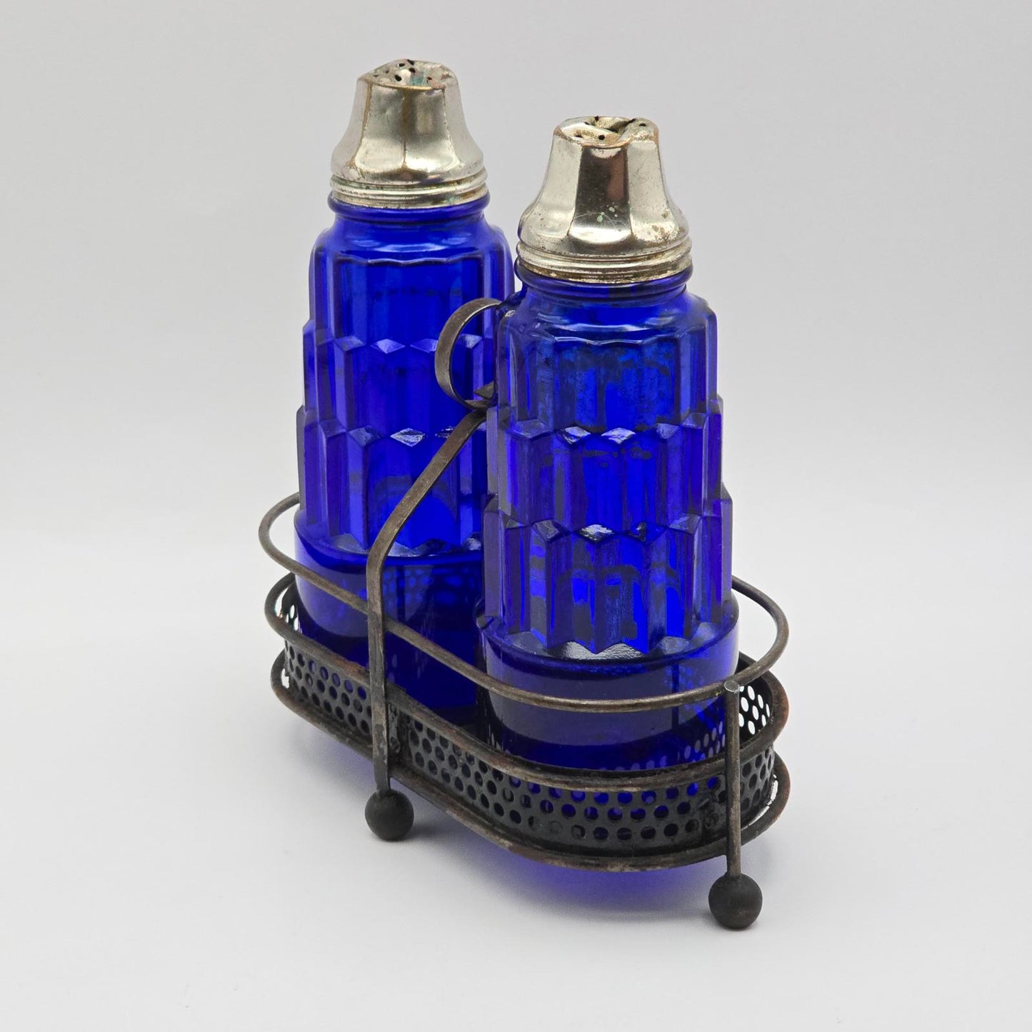 Vintage Hazel Atlas Cobalt Blue Glass Salt & Pepper Shakers with Holder