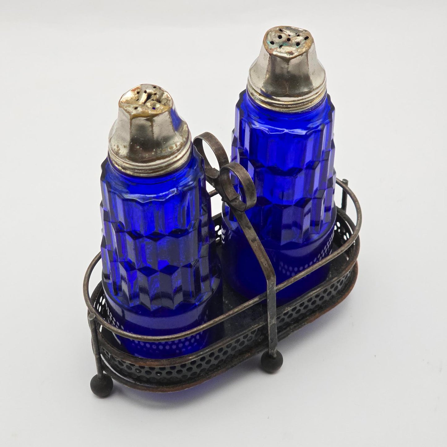 Vintage Hazel Atlas Cobalt Blue Glass Salt & Pepper Shakers with Holder