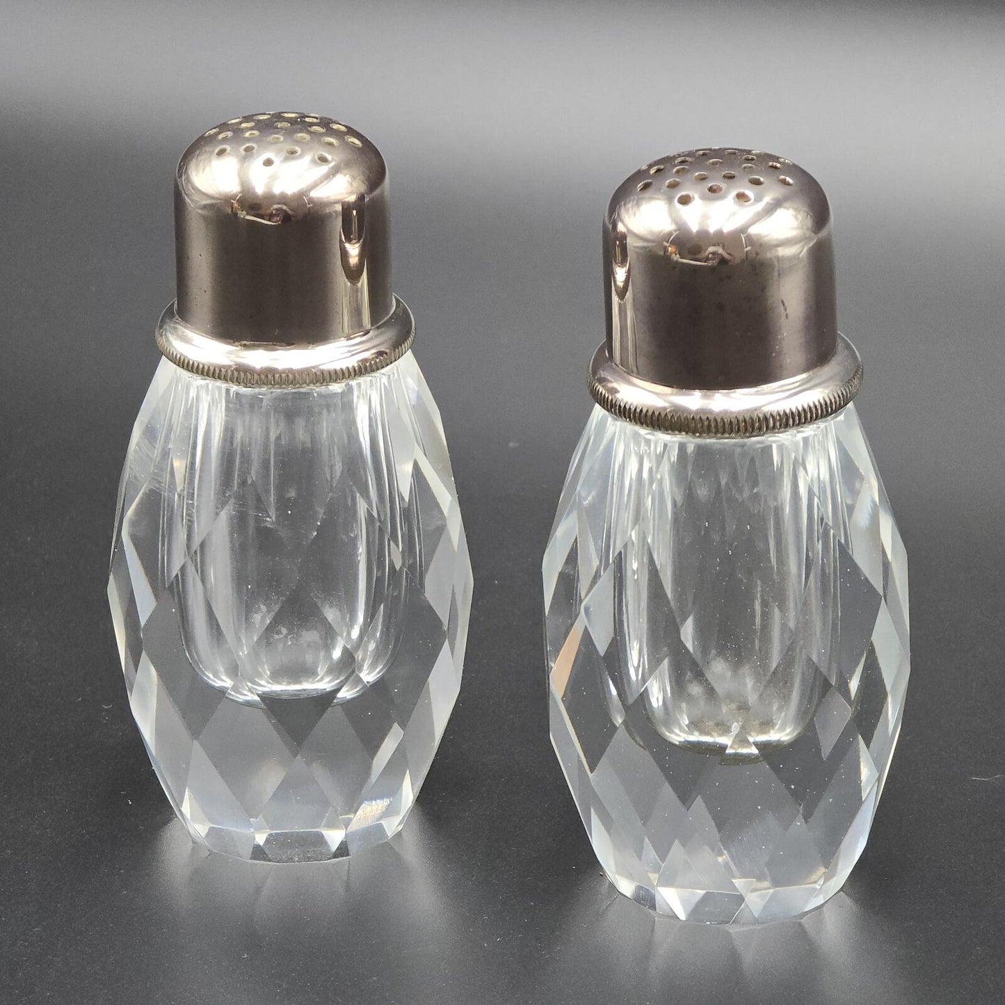 Vintage Post House Art Deco Crystal Salt and Pepper Grinder w/Silver-Plated Tops