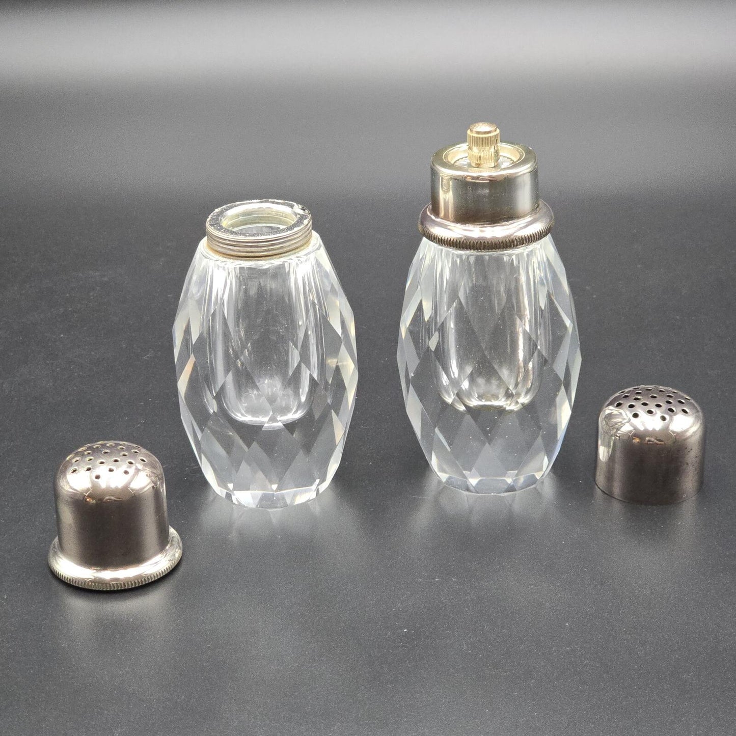 Vintage Post House Art Deco Crystal Salt and Pepper Grinder w/Silver-Plated Tops
